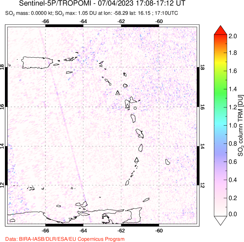 A sulfur dioxide image over Montserrat, West Indies on Jul 04, 2023.