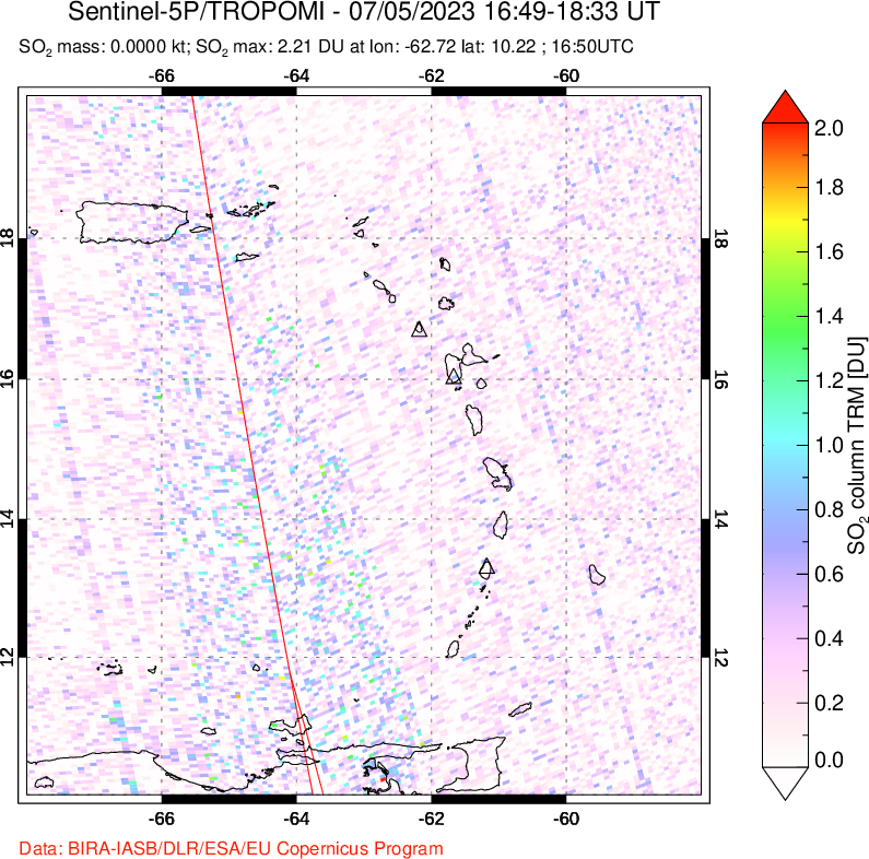 A sulfur dioxide image over Montserrat, West Indies on Jul 05, 2023.