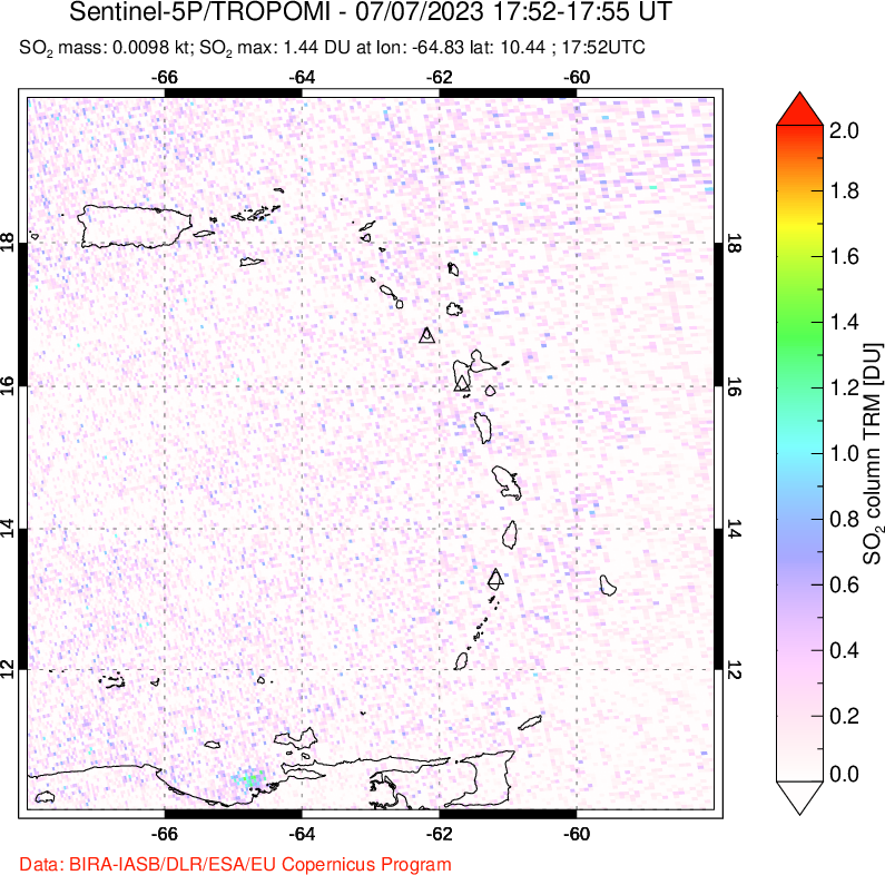 A sulfur dioxide image over Montserrat, West Indies on Jul 07, 2023.