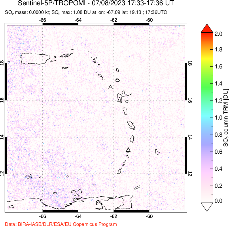 A sulfur dioxide image over Montserrat, West Indies on Jul 08, 2023.