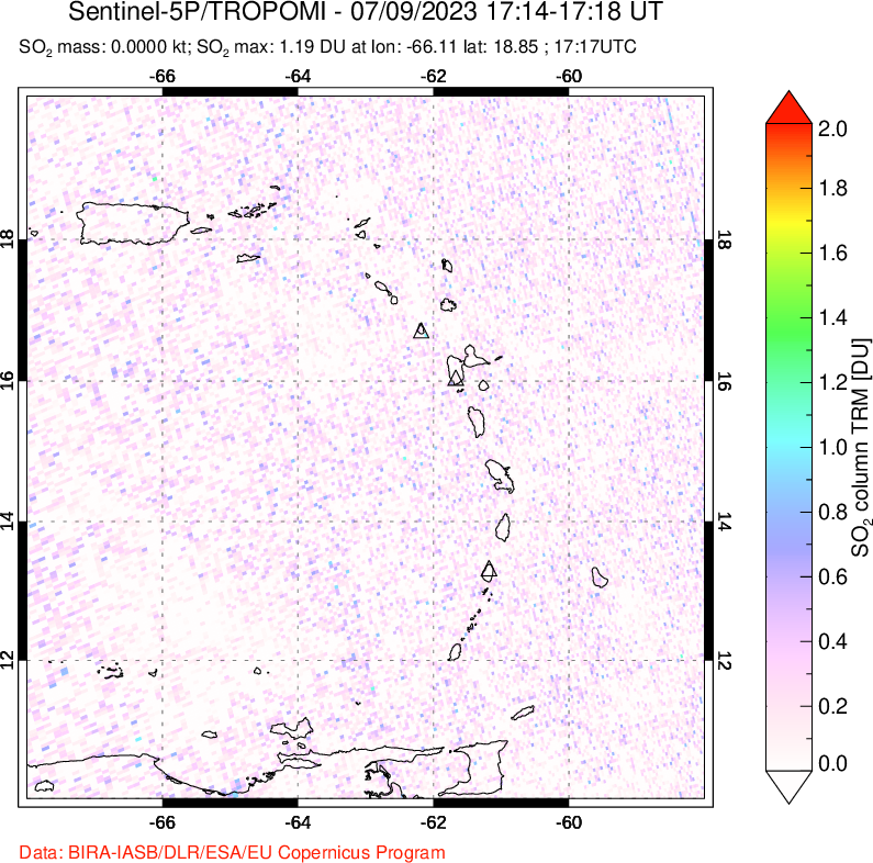 A sulfur dioxide image over Montserrat, West Indies on Jul 09, 2023.