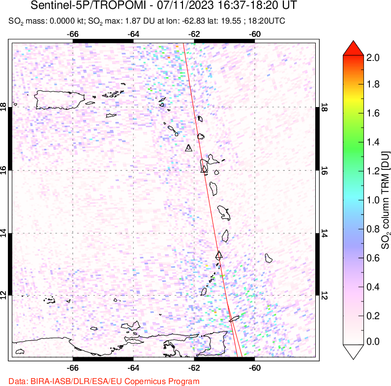 A sulfur dioxide image over Montserrat, West Indies on Jul 11, 2023.
