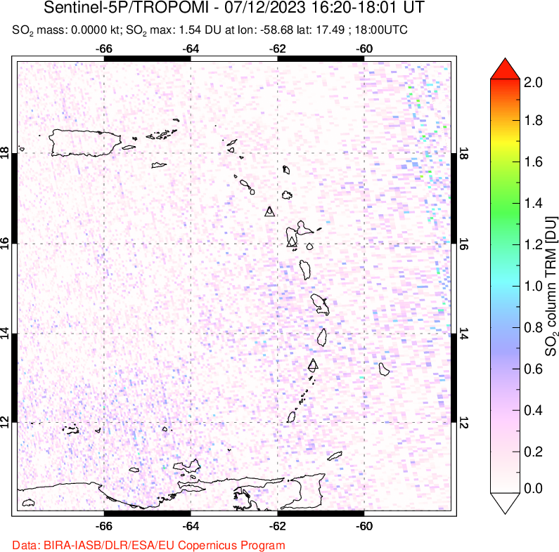 A sulfur dioxide image over Montserrat, West Indies on Jul 12, 2023.