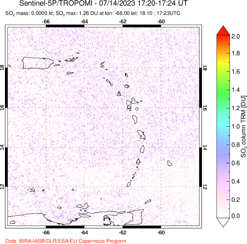 A sulfur dioxide image over Montserrat, West Indies on Jul 14, 2023.
