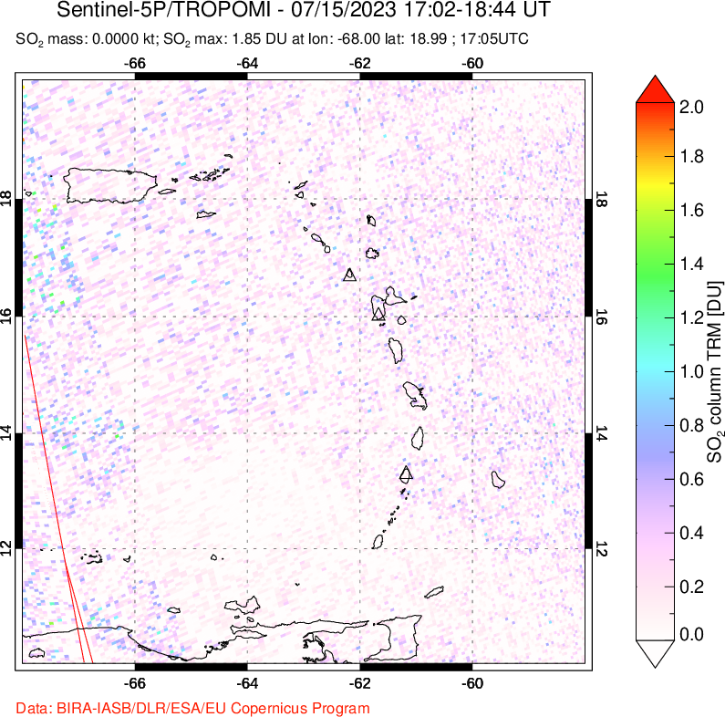 A sulfur dioxide image over Montserrat, West Indies on Jul 15, 2023.