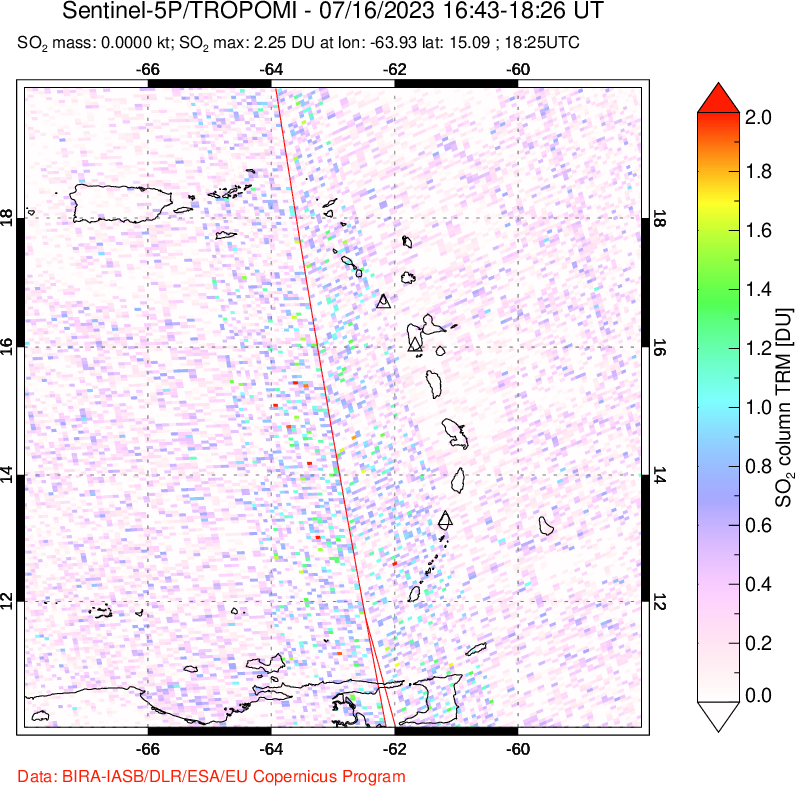 A sulfur dioxide image over Montserrat, West Indies on Jul 16, 2023.