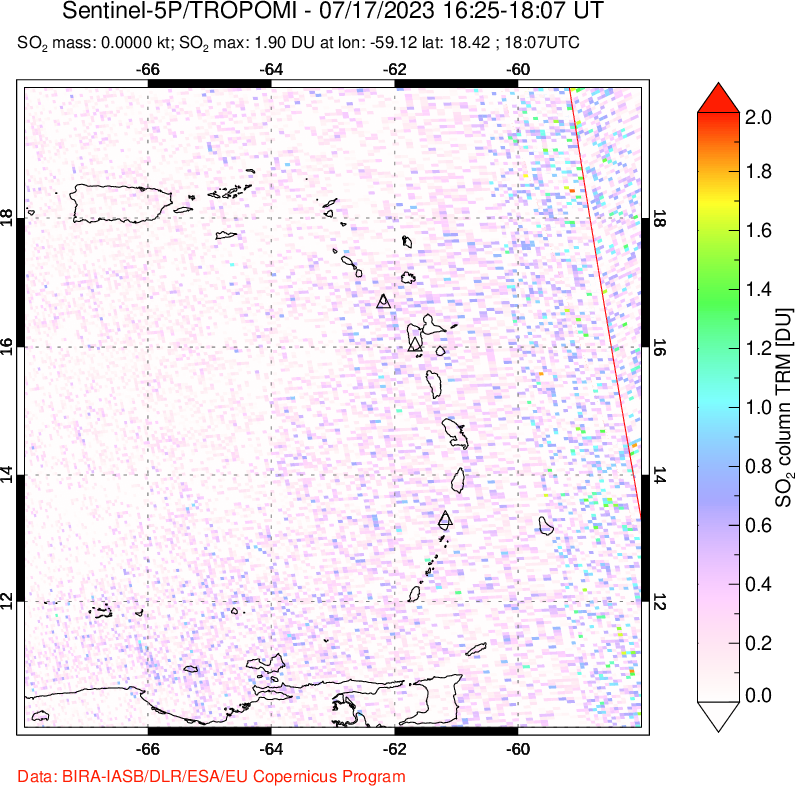 A sulfur dioxide image over Montserrat, West Indies on Jul 17, 2023.