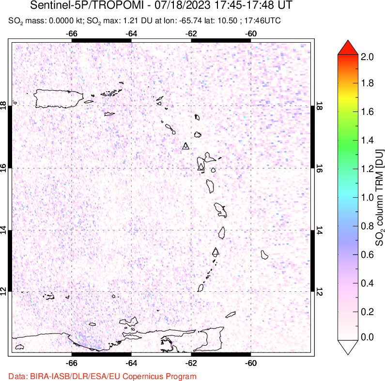 A sulfur dioxide image over Montserrat, West Indies on Jul 18, 2023.