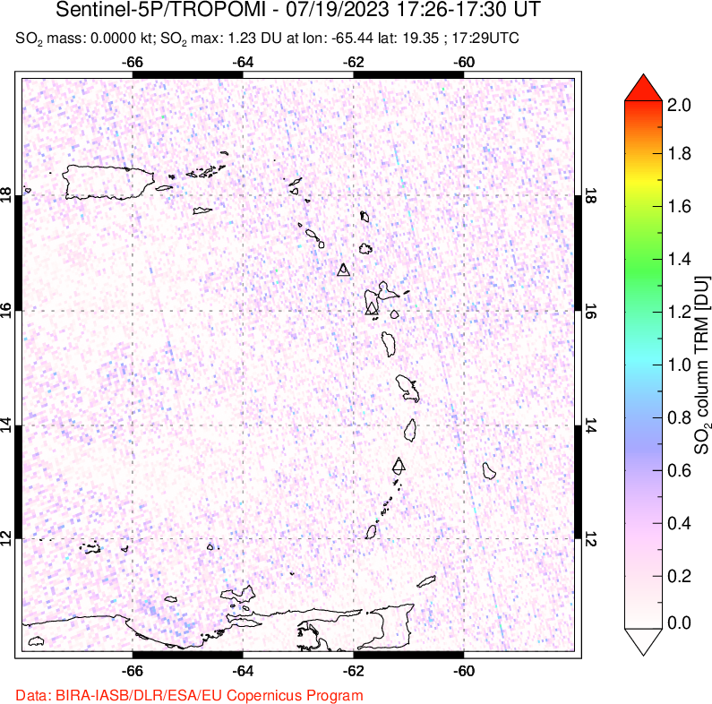 A sulfur dioxide image over Montserrat, West Indies on Jul 19, 2023.