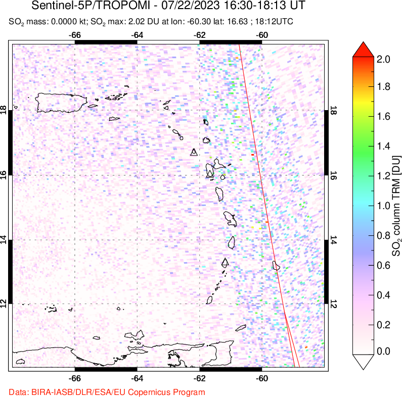 A sulfur dioxide image over Montserrat, West Indies on Jul 22, 2023.