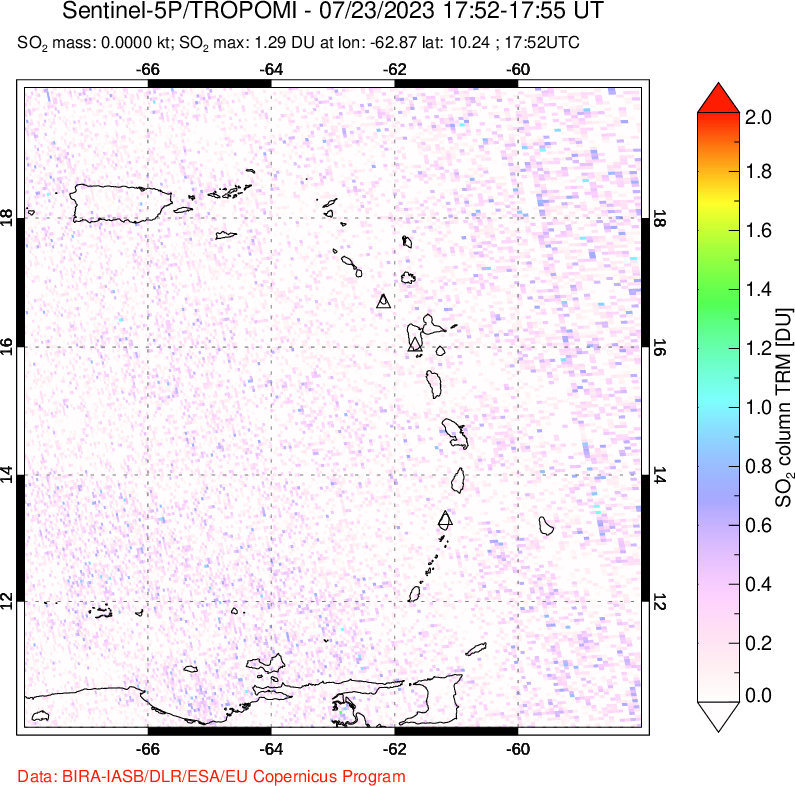 A sulfur dioxide image over Montserrat, West Indies on Jul 23, 2023.