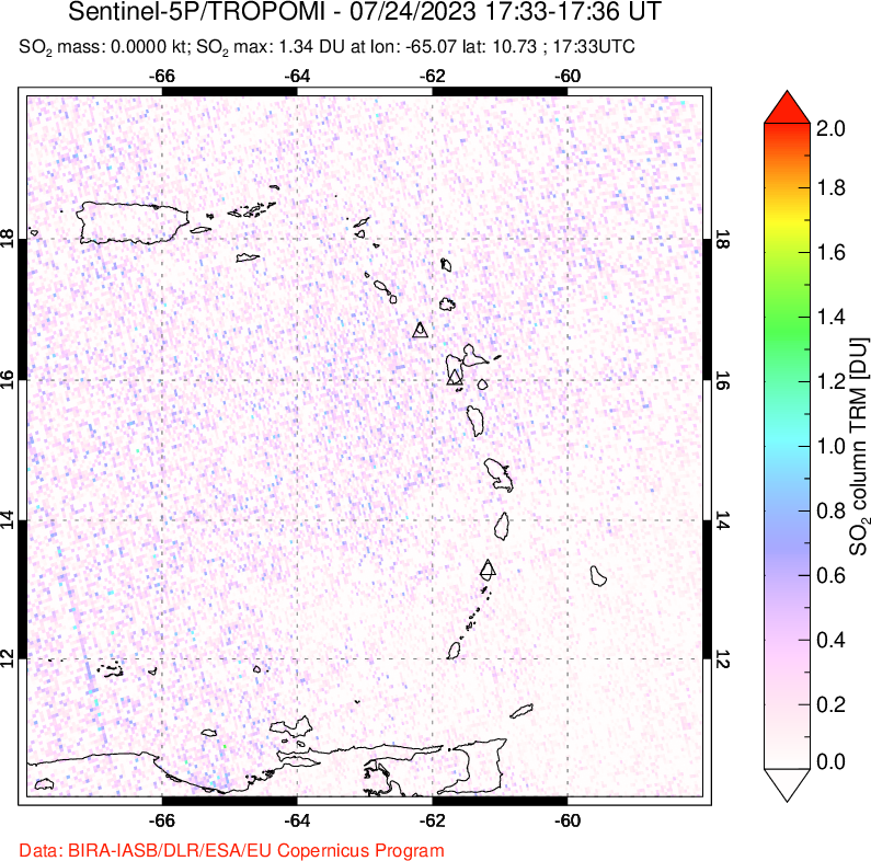 A sulfur dioxide image over Montserrat, West Indies on Jul 24, 2023.