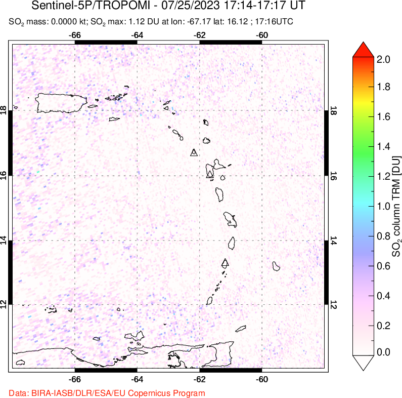 A sulfur dioxide image over Montserrat, West Indies on Jul 25, 2023.