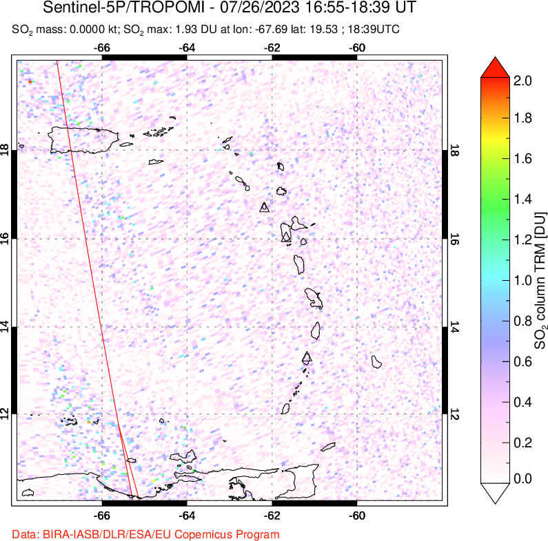 A sulfur dioxide image over Montserrat, West Indies on Jul 26, 2023.