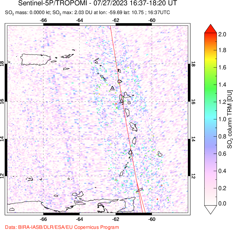 A sulfur dioxide image over Montserrat, West Indies on Jul 27, 2023.