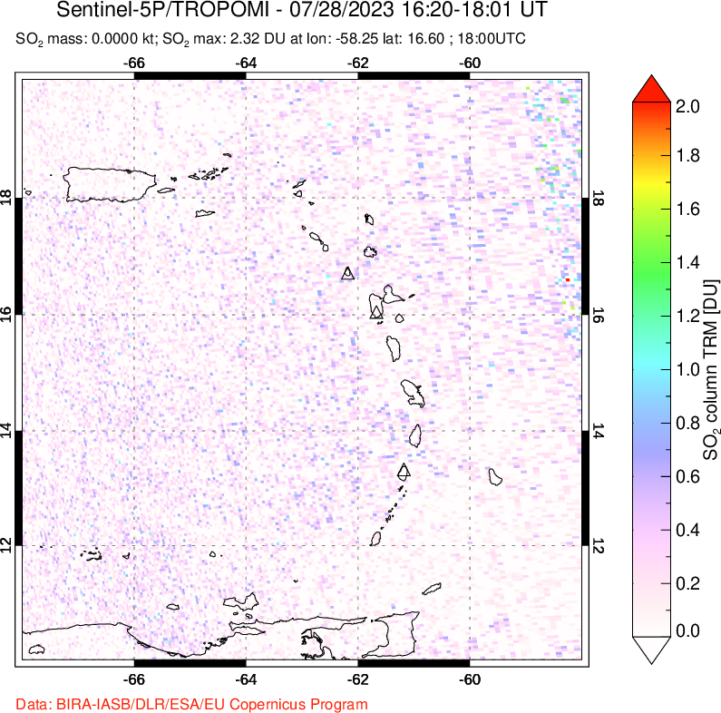 A sulfur dioxide image over Montserrat, West Indies on Jul 28, 2023.