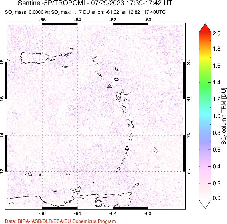 A sulfur dioxide image over Montserrat, West Indies on Jul 29, 2023.