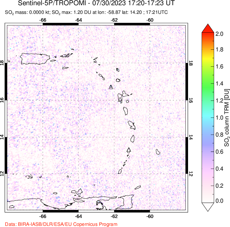 A sulfur dioxide image over Montserrat, West Indies on Jul 30, 2023.