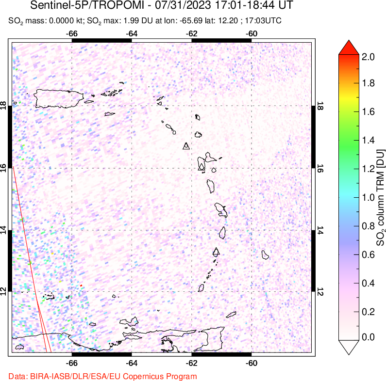 A sulfur dioxide image over Montserrat, West Indies on Jul 31, 2023.