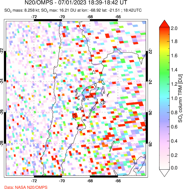 A sulfur dioxide image over Northern Chile on Jul 01, 2023.