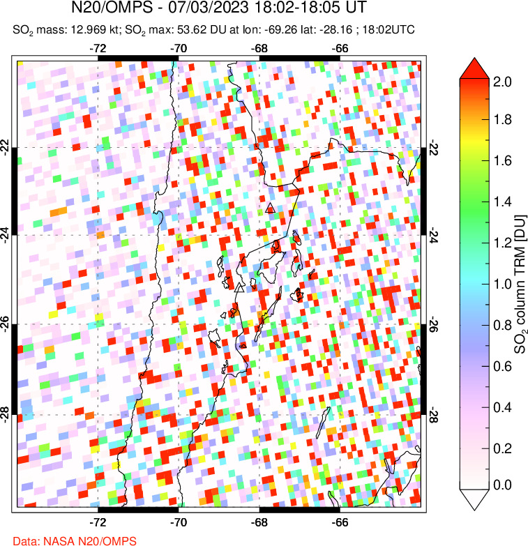 A sulfur dioxide image over Northern Chile on Jul 03, 2023.