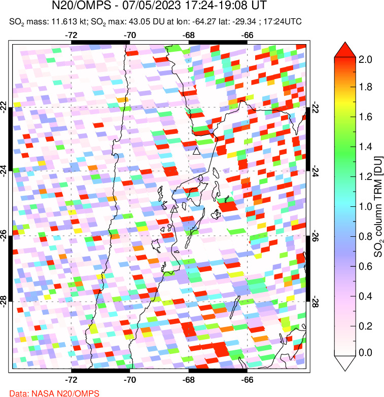 A sulfur dioxide image over Northern Chile on Jul 05, 2023.