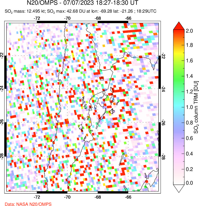 A sulfur dioxide image over Northern Chile on Jul 07, 2023.