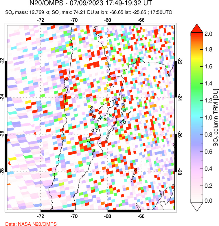 A sulfur dioxide image over Northern Chile on Jul 09, 2023.