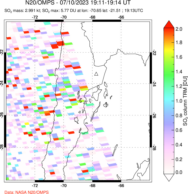 A sulfur dioxide image over Northern Chile on Jul 10, 2023.