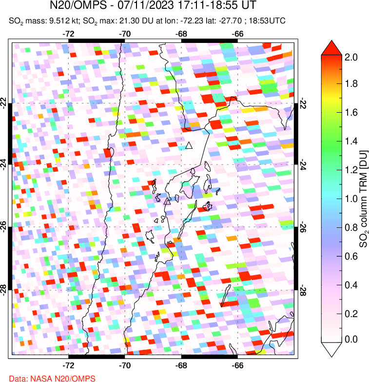 A sulfur dioxide image over Northern Chile on Jul 11, 2023.