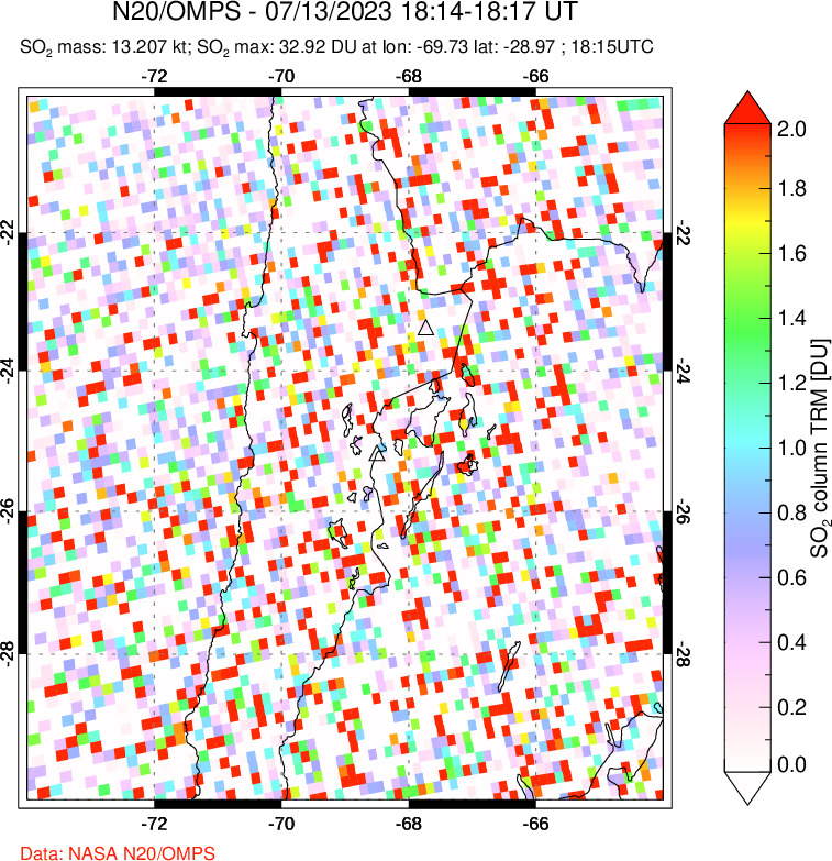 A sulfur dioxide image over Northern Chile on Jul 13, 2023.