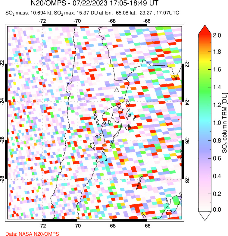 A sulfur dioxide image over Northern Chile on Jul 22, 2023.