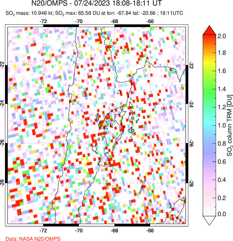 A sulfur dioxide image over Northern Chile on Jul 24, 2023.