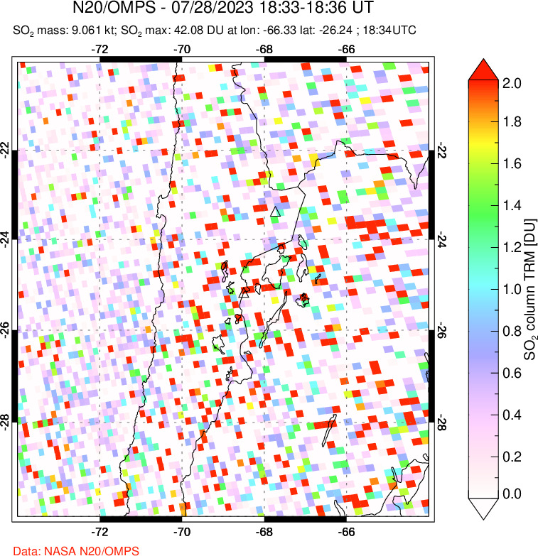 A sulfur dioxide image over Northern Chile on Jul 28, 2023.