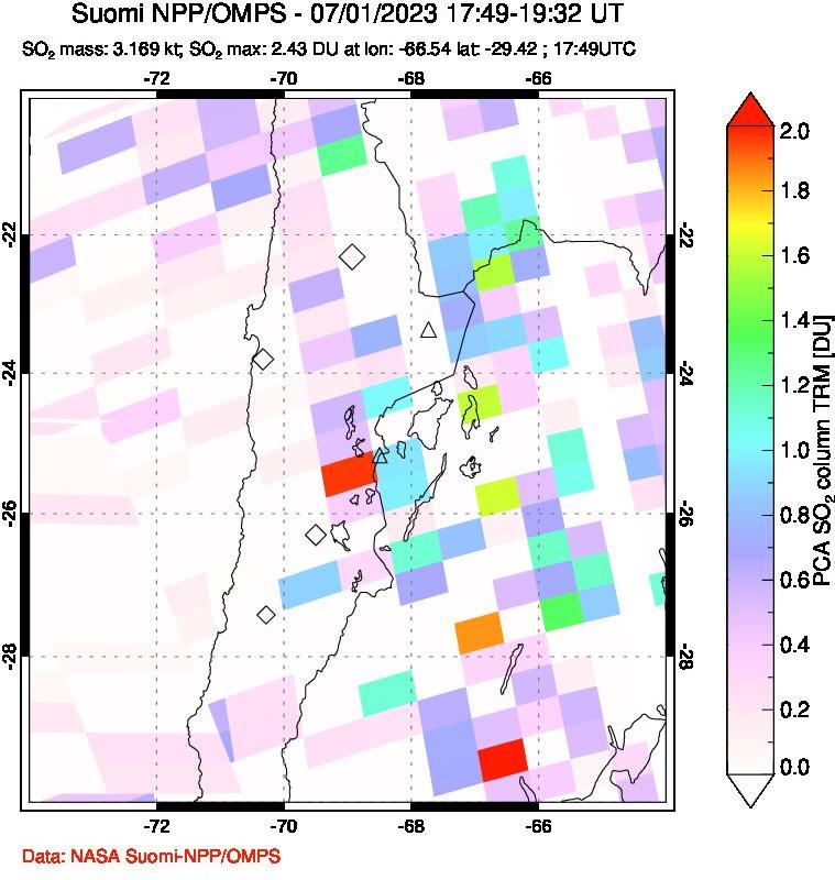 A sulfur dioxide image over Northern Chile on Jul 01, 2023.