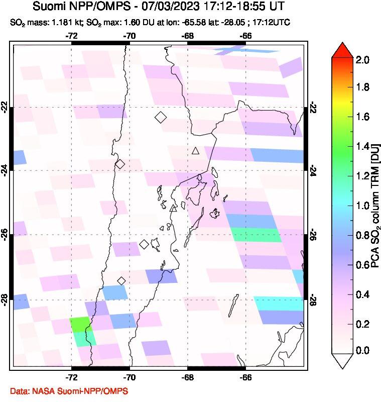 A sulfur dioxide image over Northern Chile on Jul 03, 2023.