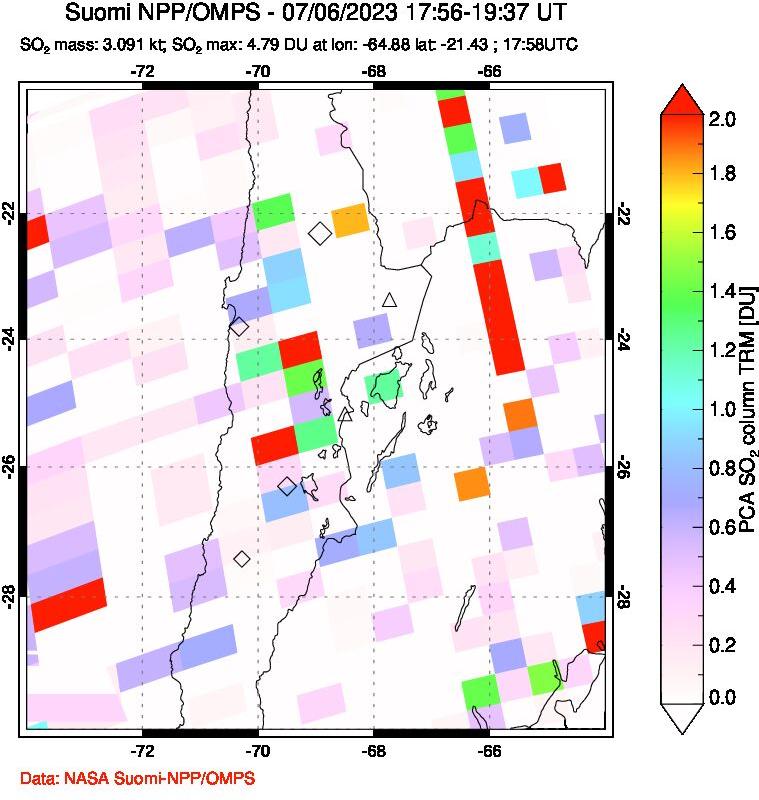 A sulfur dioxide image over Northern Chile on Jul 06, 2023.