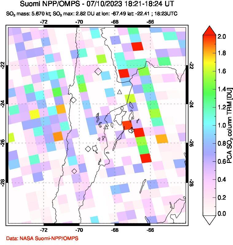 A sulfur dioxide image over Northern Chile on Jul 10, 2023.