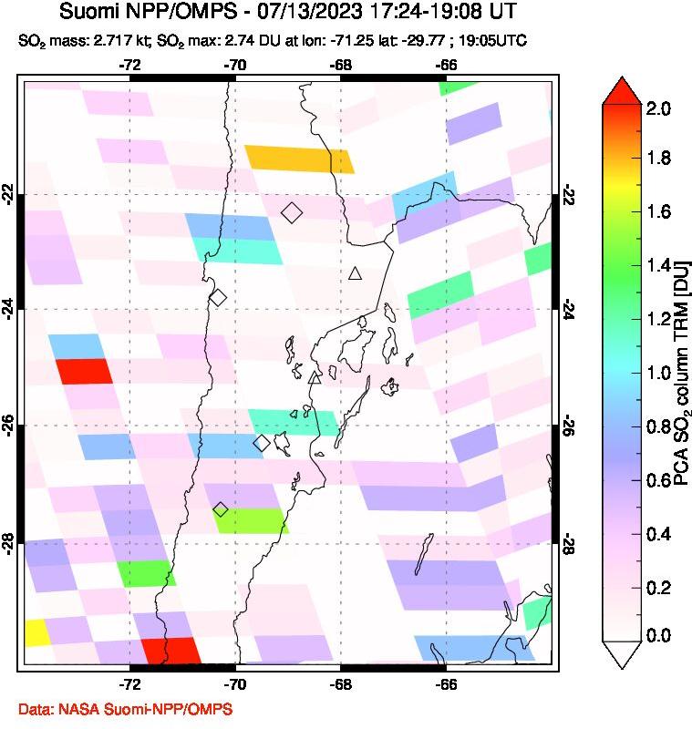 A sulfur dioxide image over Northern Chile on Jul 13, 2023.