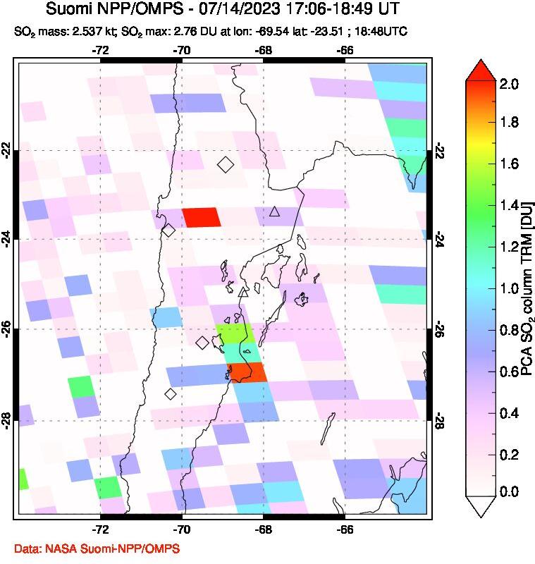 A sulfur dioxide image over Northern Chile on Jul 14, 2023.