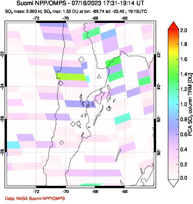 A sulfur dioxide image over Northern Chile on Jul 18, 2023.