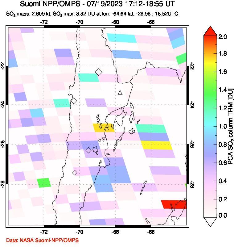 A sulfur dioxide image over Northern Chile on Jul 19, 2023.