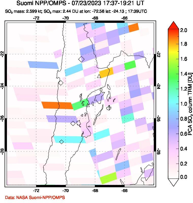 A sulfur dioxide image over Northern Chile on Jul 23, 2023.