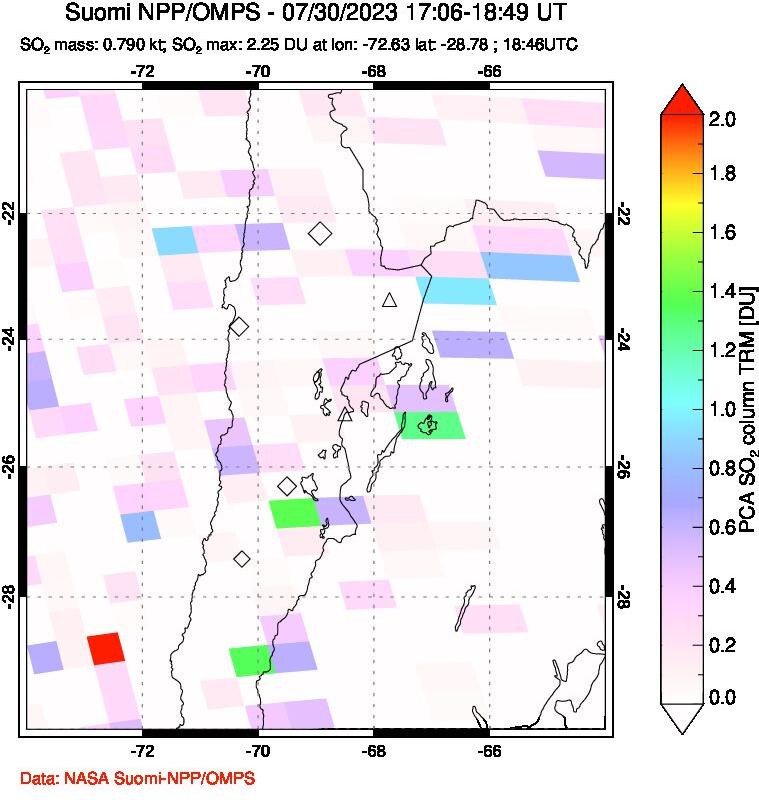 A sulfur dioxide image over Northern Chile on Jul 30, 2023.