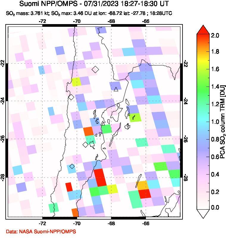 A sulfur dioxide image over Northern Chile on Jul 31, 2023.