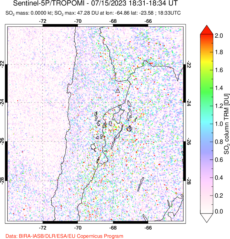 A sulfur dioxide image over Northern Chile on Jul 15, 2023.