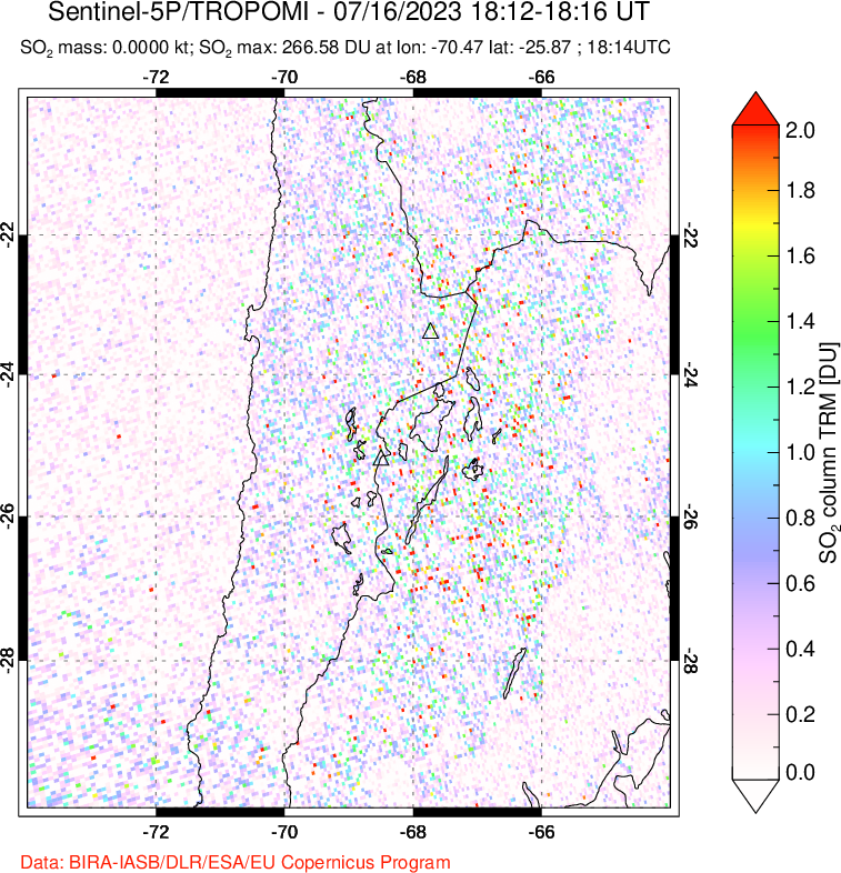 A sulfur dioxide image over Northern Chile on Jul 16, 2023.