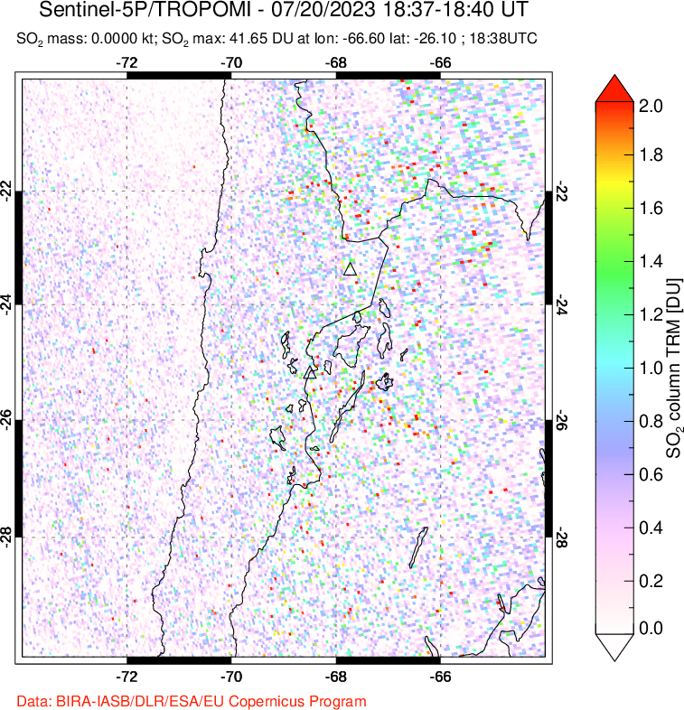 A sulfur dioxide image over Northern Chile on Jul 20, 2023.