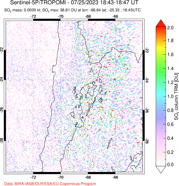 A sulfur dioxide image over Northern Chile on Jul 25, 2023.
