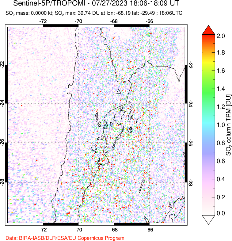 A sulfur dioxide image over Northern Chile on Jul 27, 2023.